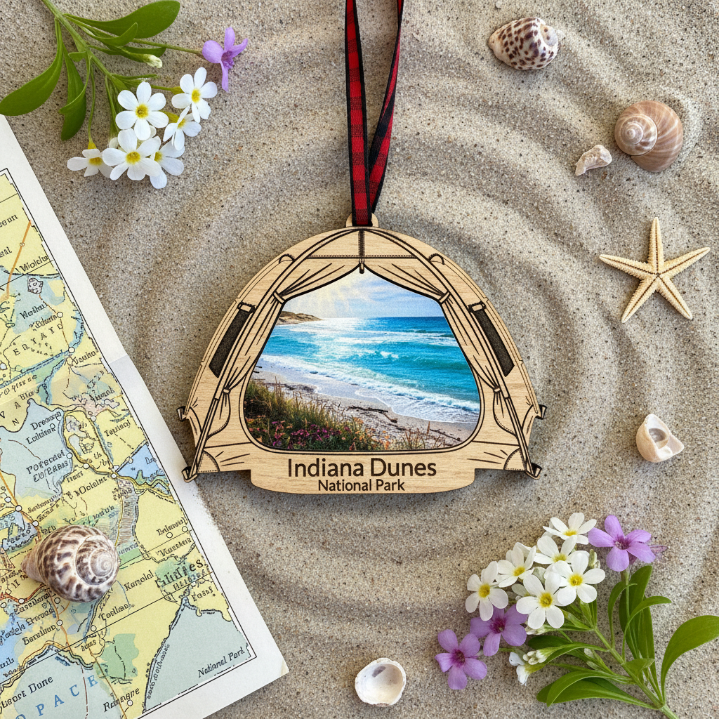 A wooden ornament shaped like a tent, featuring a printed beach scene and the text 'Indiana Dunes National Park,' hanging on a red-and-black striped ribbon. The ornament is arranged on sand with shells, flowers, a map, and a starfish around it.
