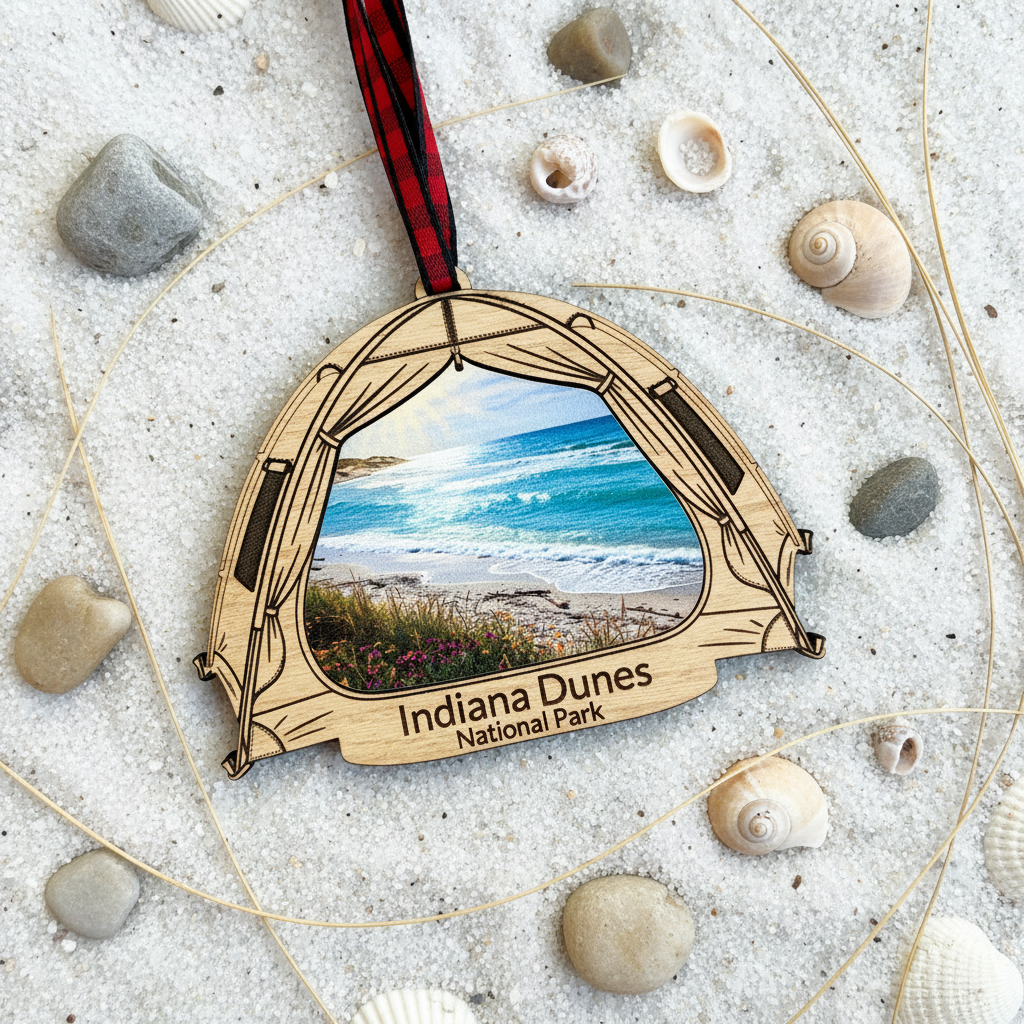 A wooden ornament shaped like a tent, featuring a printed photo of the Indiana Dunes National Park beach and waves, hanging from a red and black plaid ribbon on white sand with seashells and small stones.