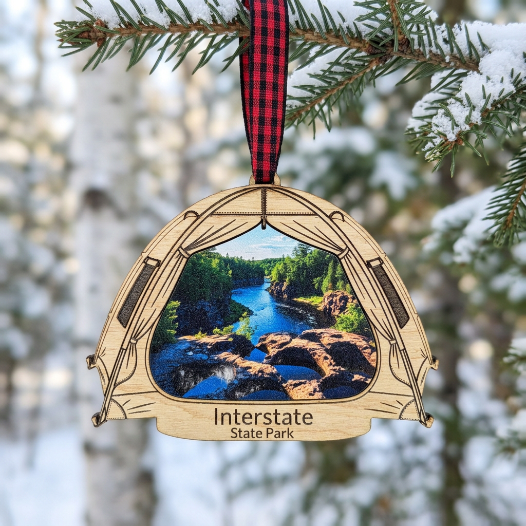 Interstate State Park tent shaped ornament hanging from a snow-dusted evergreen with a blurred snowy forest background 