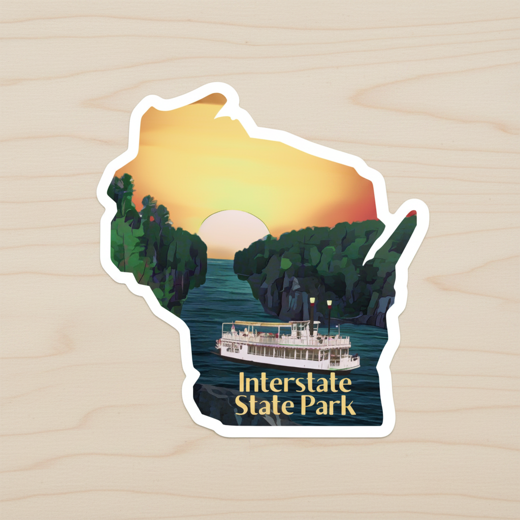 Sticker of Interstate State Park with a sunset over water and boat, on a wooden surface.