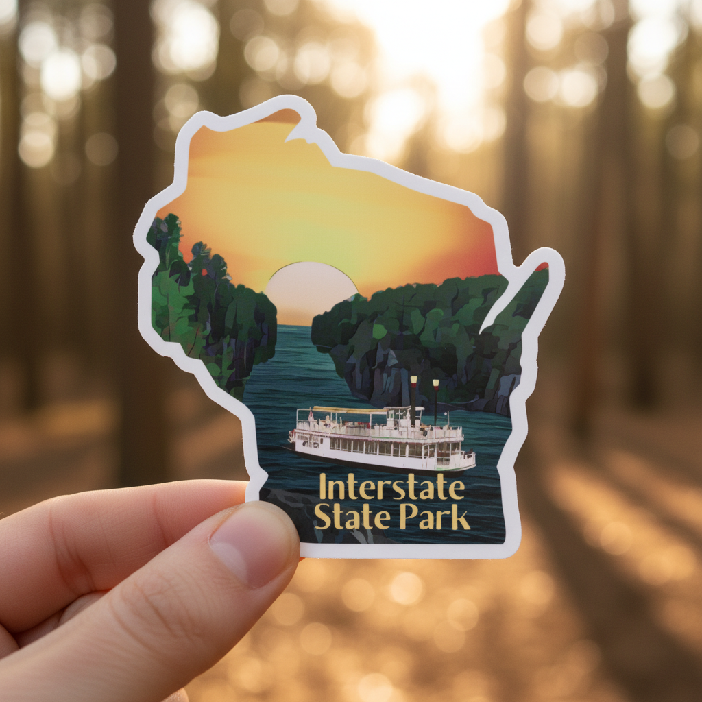 Sticker of Interstate State Park with a sunset over water and trees design, held in front of a blurred forest background.