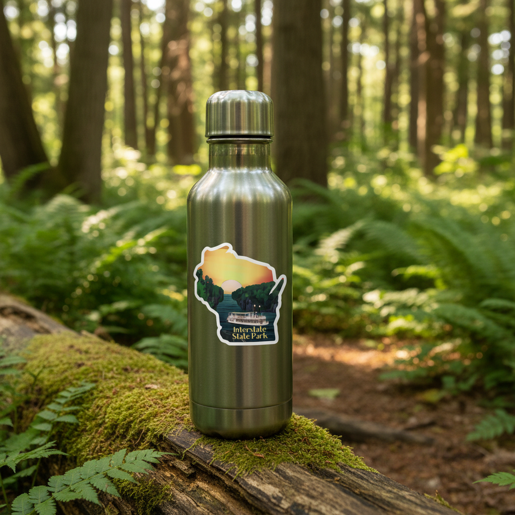 Silver water bottle with a sticker on a log in a forest