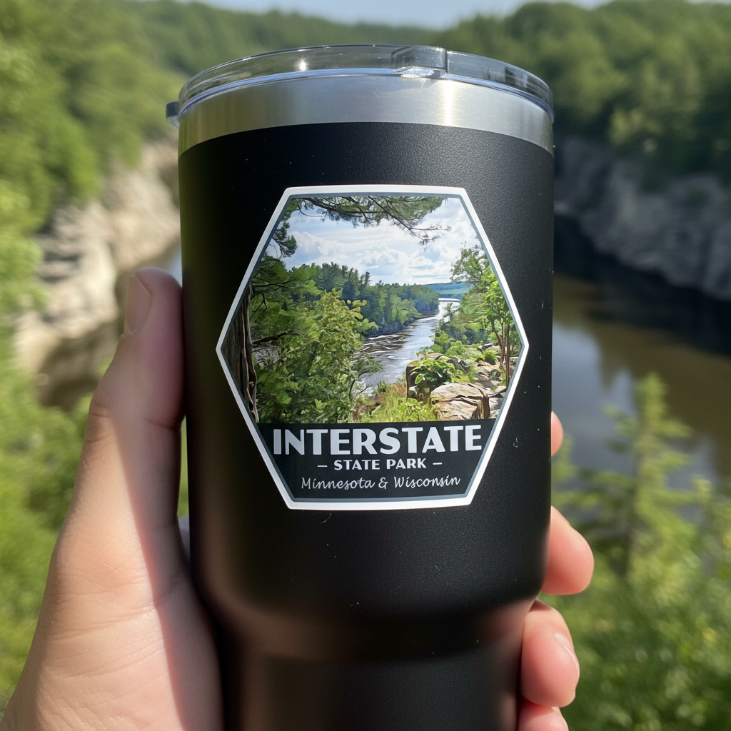 A hand holding a black insulated travel tumbler with a clear lid, featuring a hexagonal scenic sticker that reads 'INTERSTATE STATE PARK - Minnesota & Wisconsin' over a blurred outdoor landscape of a river and forest.