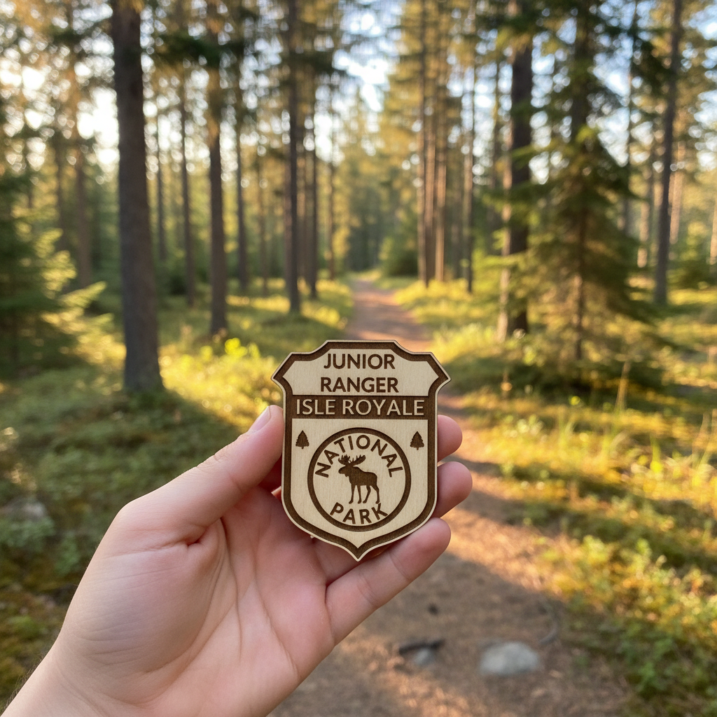 Hand holding a Junior Ranger Isle Royale National Park badge in front of a forest path.