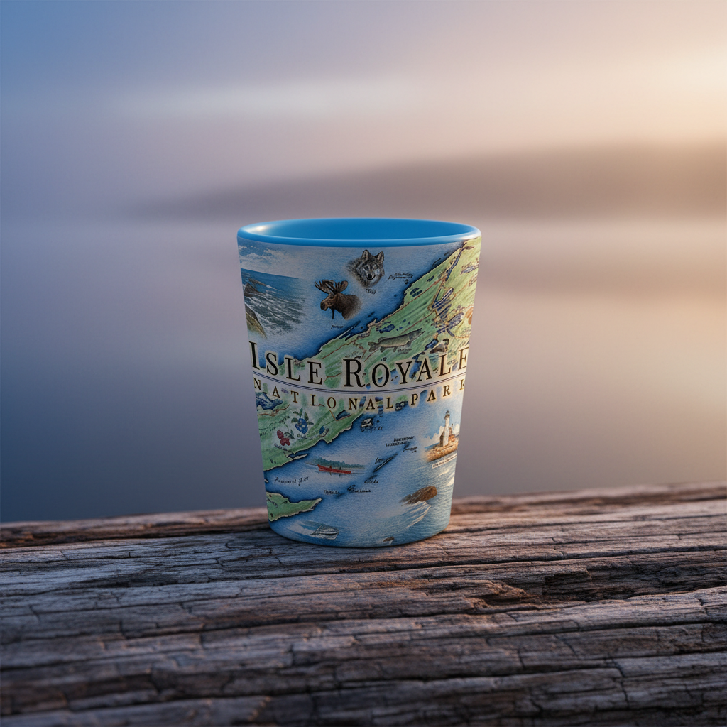 A ceramic shot glass featuring a detailed illustration of Isle Royale National Park, resting on a weathered wooden log with a soft-focus background of water and sky.