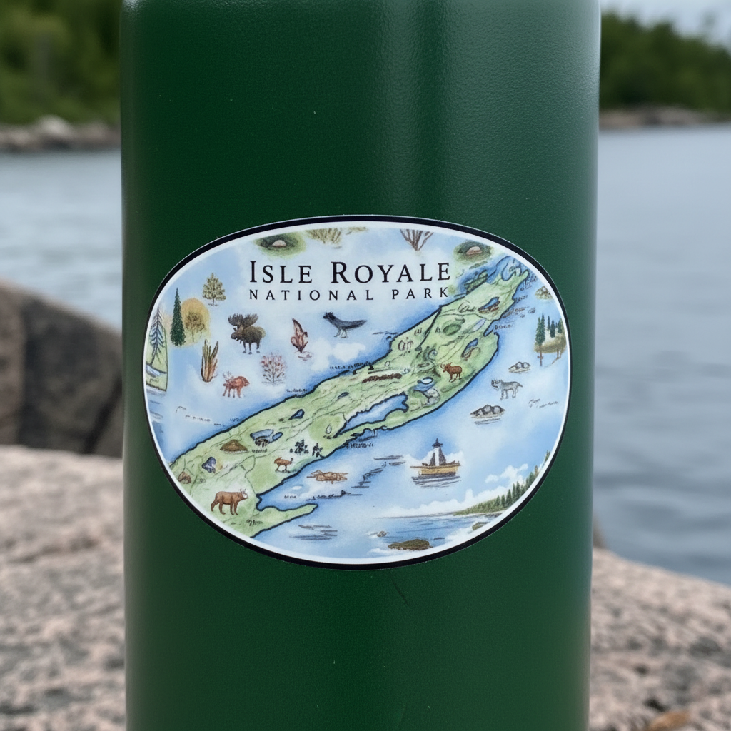 A close-up of a dark green cylindrical water bottle with an oval sticker reading 'ISLE ROYALE NATIONAL PARK' and a colorful illustrated map of the island, set against a blurred outdoor water and shoreline background.