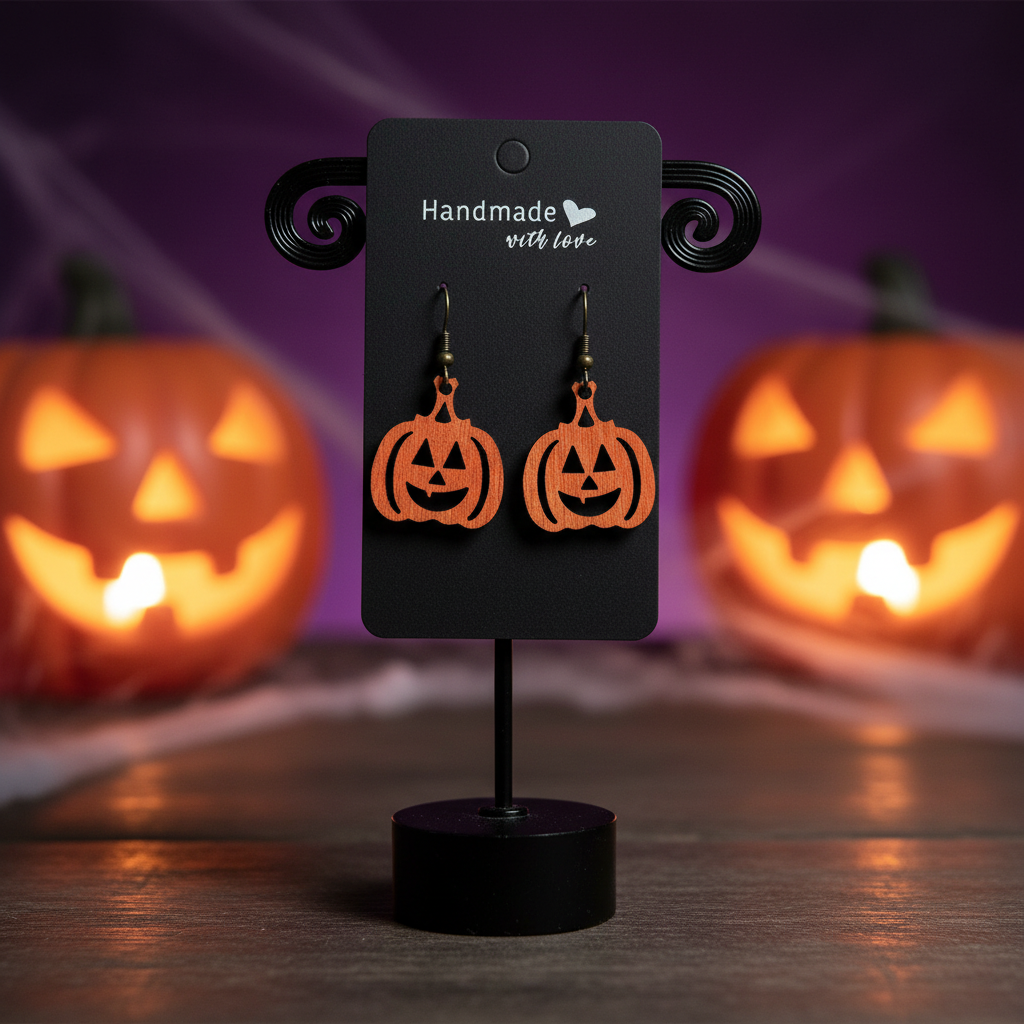 Halloween-themed pumpkin earrings on a black card with jack-o'-lanterns in the background.