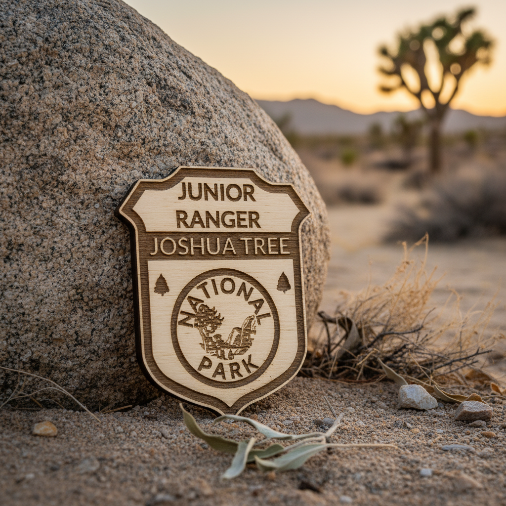 Joshua Tree Junior Ranger badge leaned against a granite boulder with a desert background