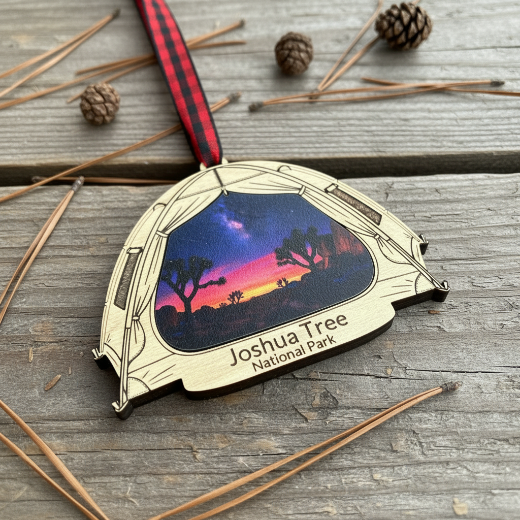 A camping-themed ornament shaped like an open tent with a Joshua Tree National Park sunset print, hanging from a red and black plaid ribbon on a rustic wooden surface with pine needles and pinecones.