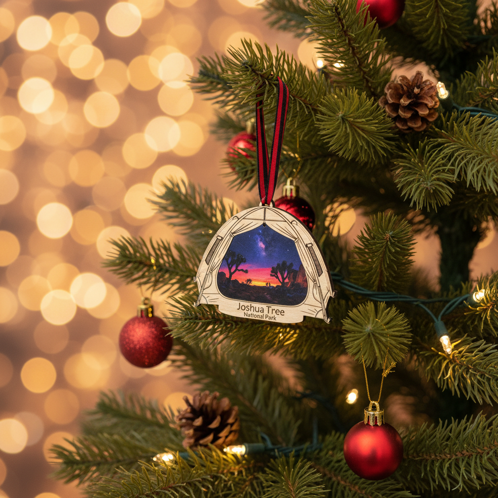 A personalized Christmas ornament shaped like a tent hanging on a decorated Christmas tree. The ornament features a printed sunset landscape scene and the text 'Joshua Tree' and 'Buck 4'.