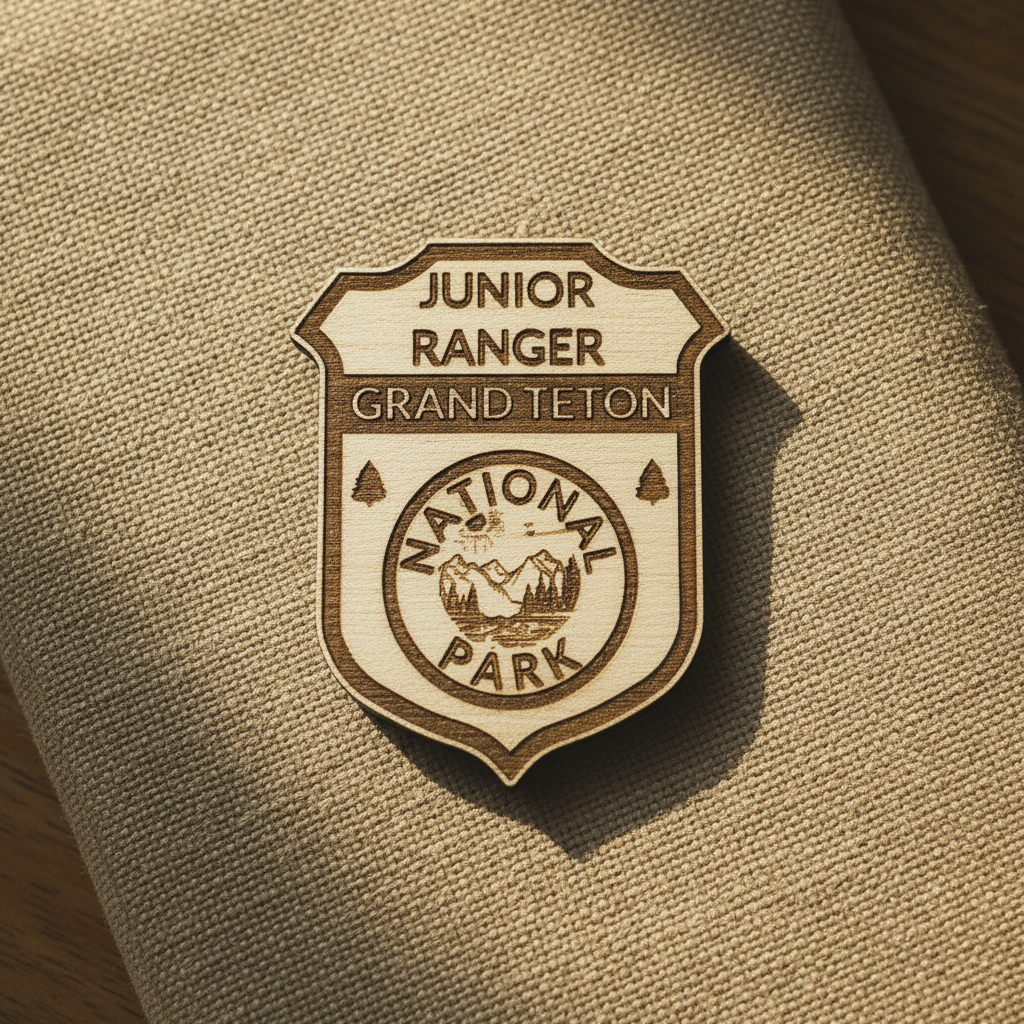 A wood grand Teton national Park badge set against a soft linen background.