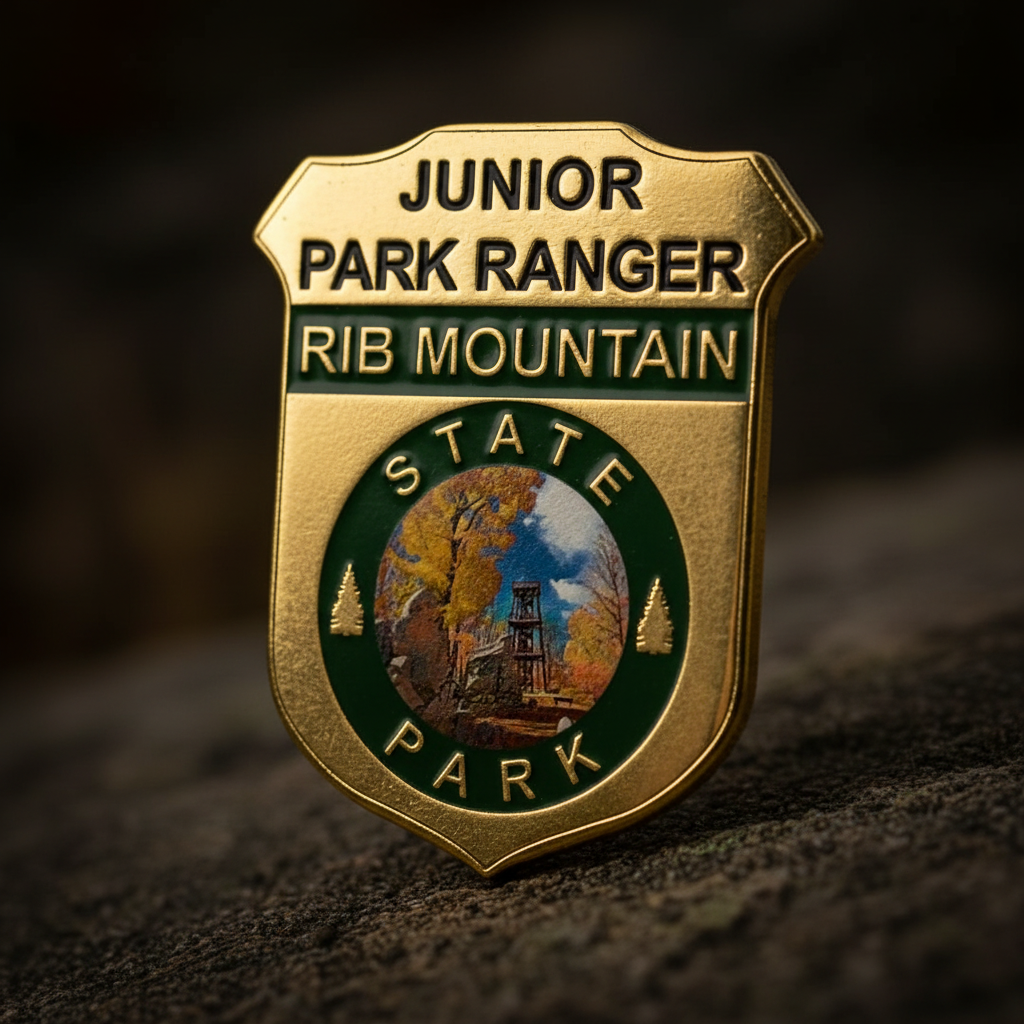 Junior Park Ranger badge from Rib Mountain State Park on a dark background