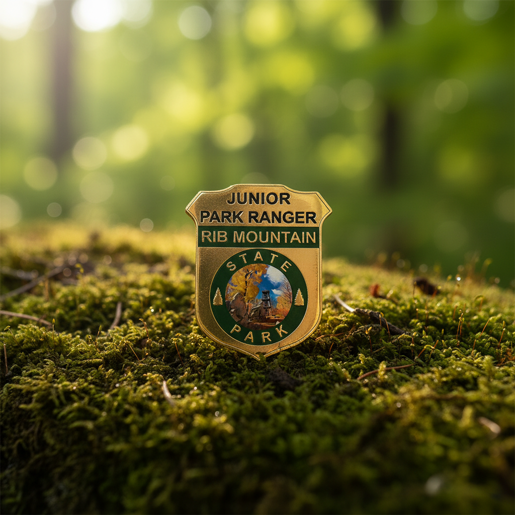 Junior Park Ranger badge from Rib Mountain State Park on a mossy surface with a forest background
