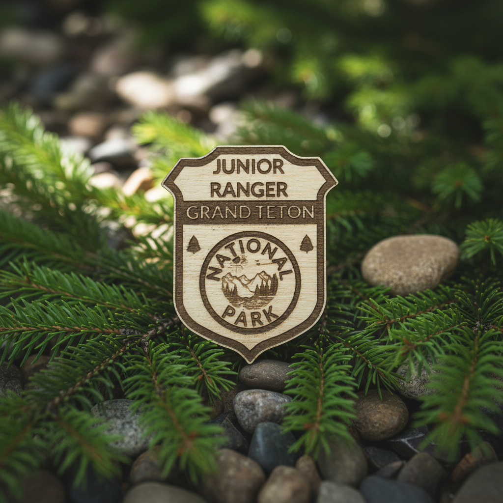 A wood grand Teton national Park junior Ranger badge set against pine bows and River rocks.
