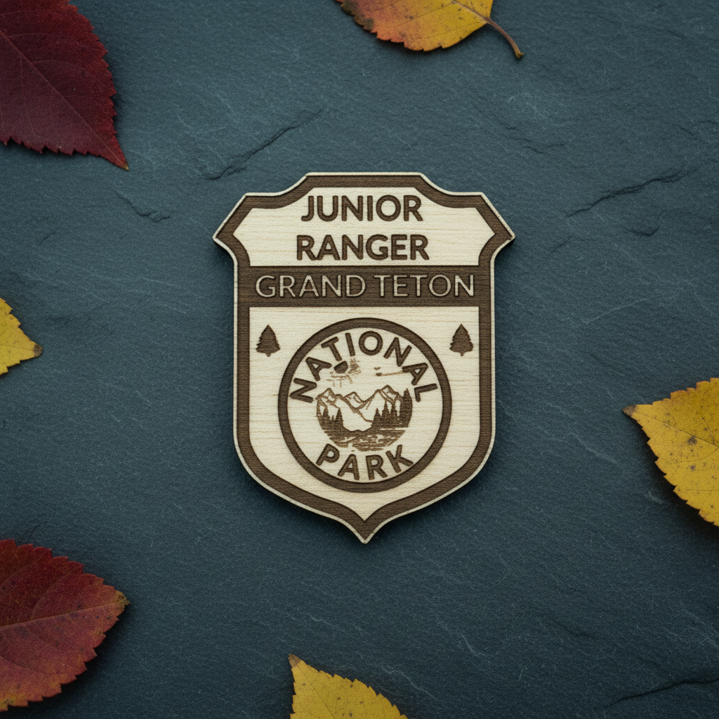 Grand Teton Wood, junior Ranger badge set against a dark slate background with leaves.
