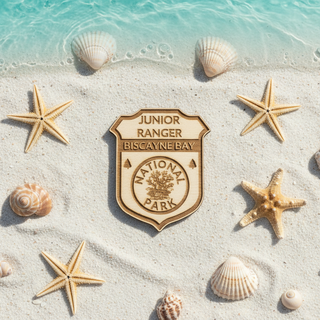 Junior Ranger badge from Biscayne Bay National Park on a sandy beach with shells and starfish.