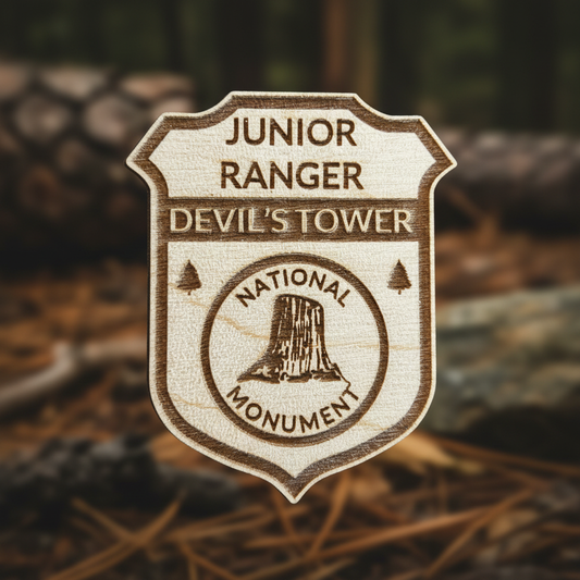 Junior Ranger Badge Close-up of Devils tower National monument against a rock and pine needle background.
