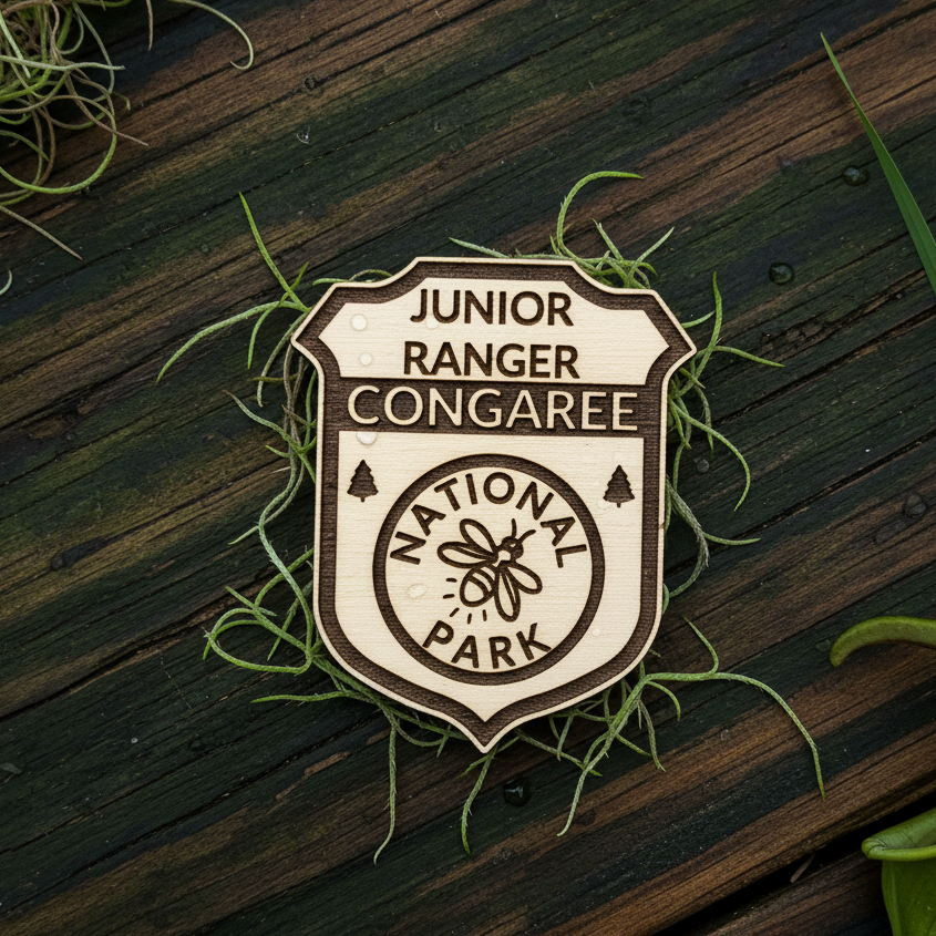 A shield-shaped wood badge reading 'JUNIOR RANGER CONGAREE NATIONAL PARK' with a firefly illustration, placed on a dark wooden surface with green grass accents.