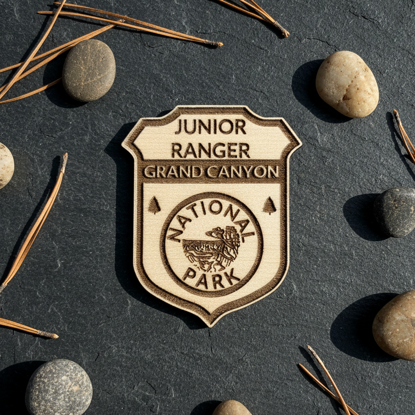 A shield-shaped engraved wooden badge reading 'Junior Ranger Grand Canyon National Park' is arranged on a dark slate surface with scattered pine needles and small stones.