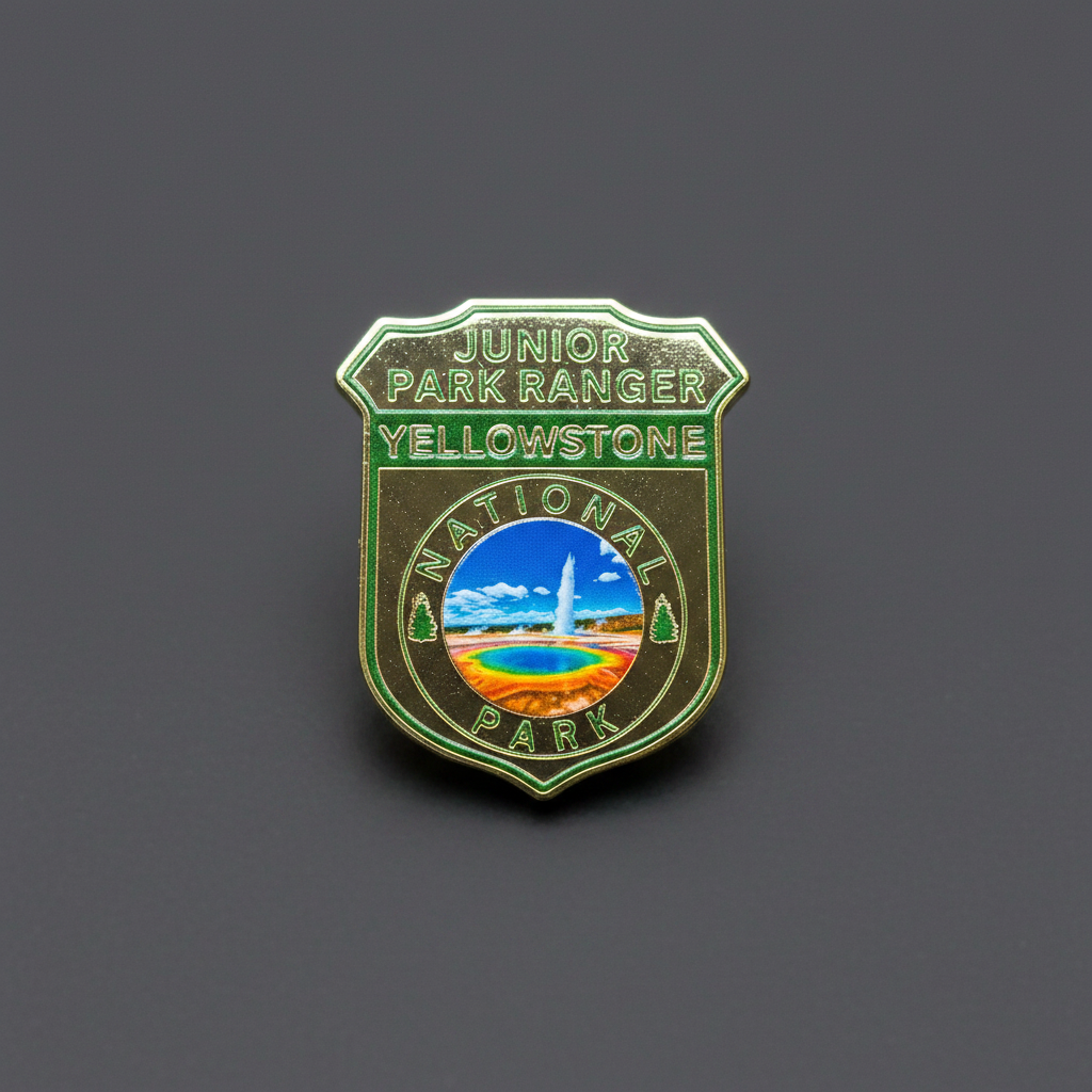 A shield-shaped enamel pin for Junior Park Ranger Yellowstone National Park, featuring a green border, gold-toned lettering, and a colorful central landscape illustration of a geothermal pool and hot spring.
