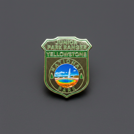 A shield-shaped enamel pin for Junior Park Ranger Yellowstone National Park, featuring a green border, gold-toned lettering, and a colorful central landscape illustration of a geothermal pool and hot spring.
