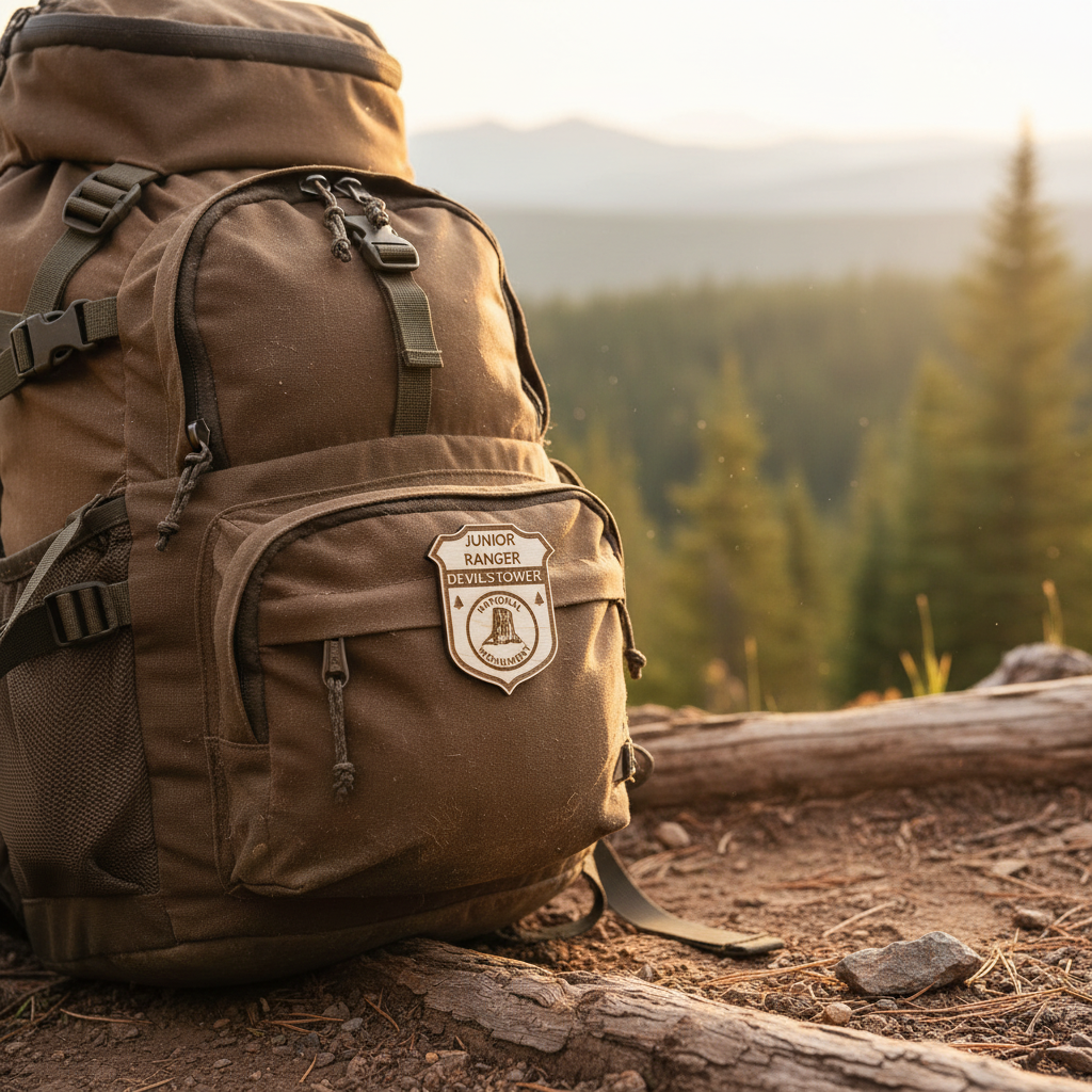 Devils tower National monument Junior Ranger Badge on Backpack sitting on the ground with mountains in the background.