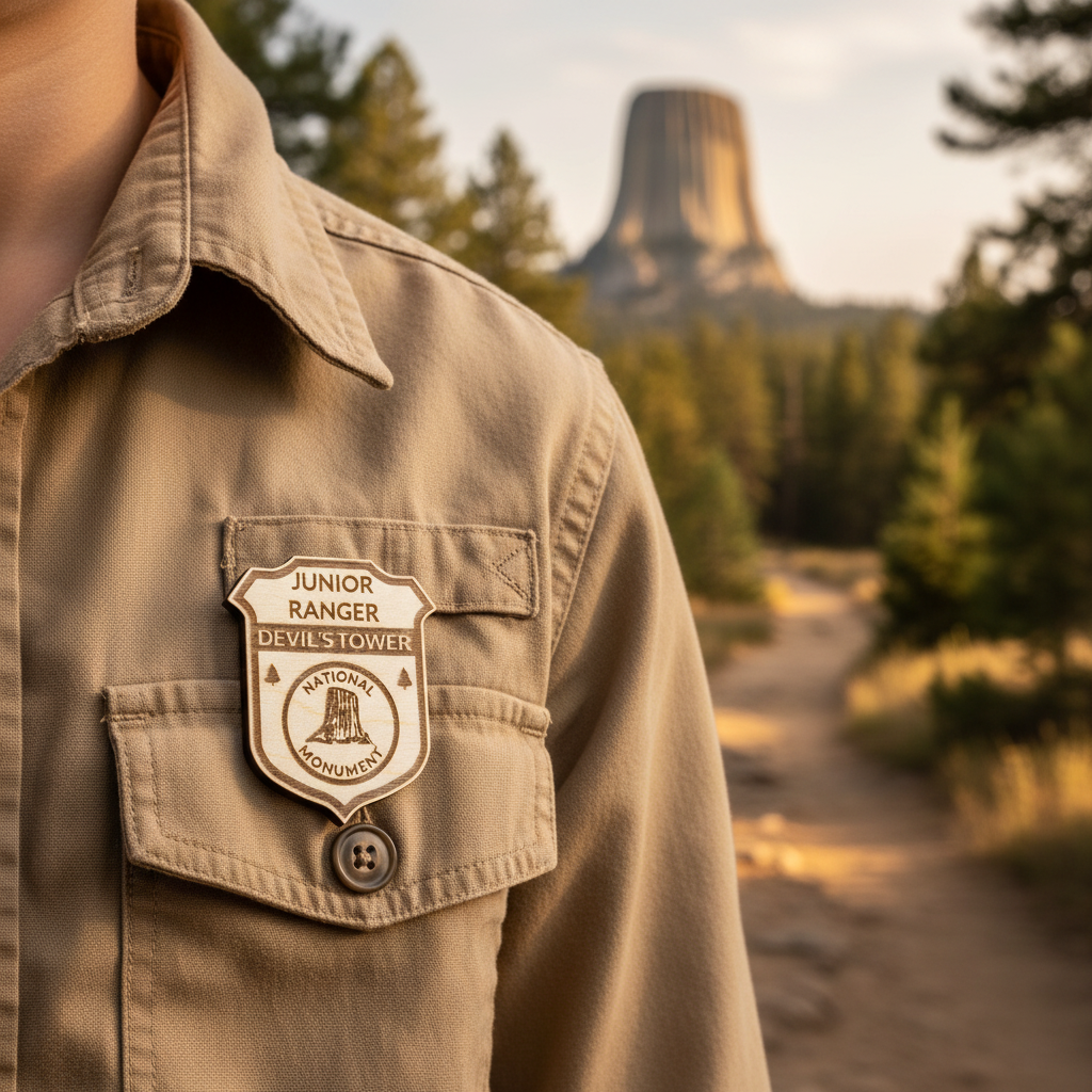 Person wearing a Junior Ranger badge on a shirt with a scenic background of trees and a prominent rock formation.
