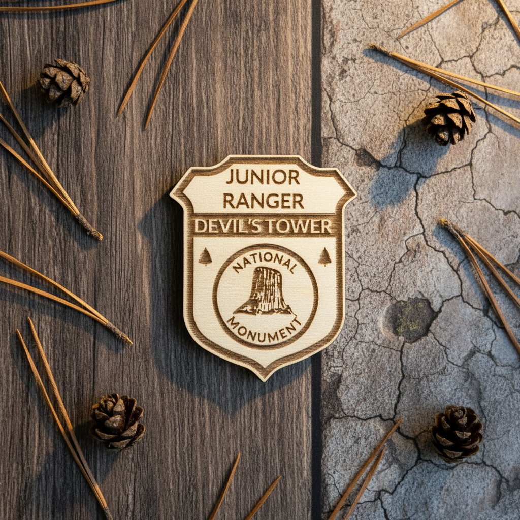 Junior Ranger Badge Product Photo of Devils tower National Monument against a wood and stone background with natural elements. 