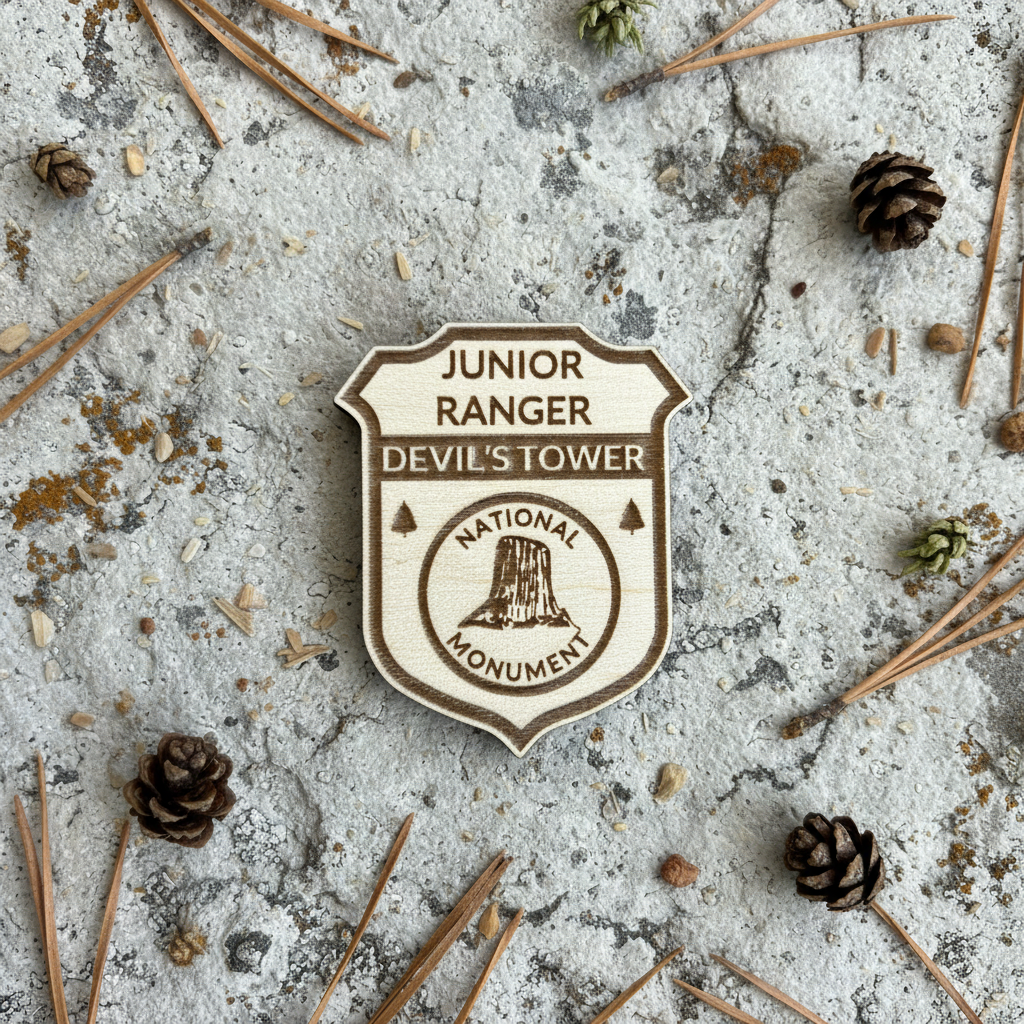 Devils Tower National Monument Junior Ranger badge on a textured surface with pine cones and twigs
