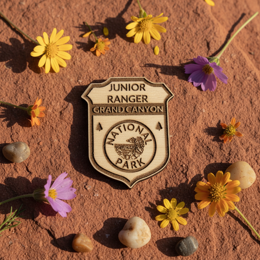 A shield-shaped engraved badge reading 'Junior Ranger Grand Canyon National Park' lies on reddish-brown rock, surrounded by small yellow, orange, and purple flowers.