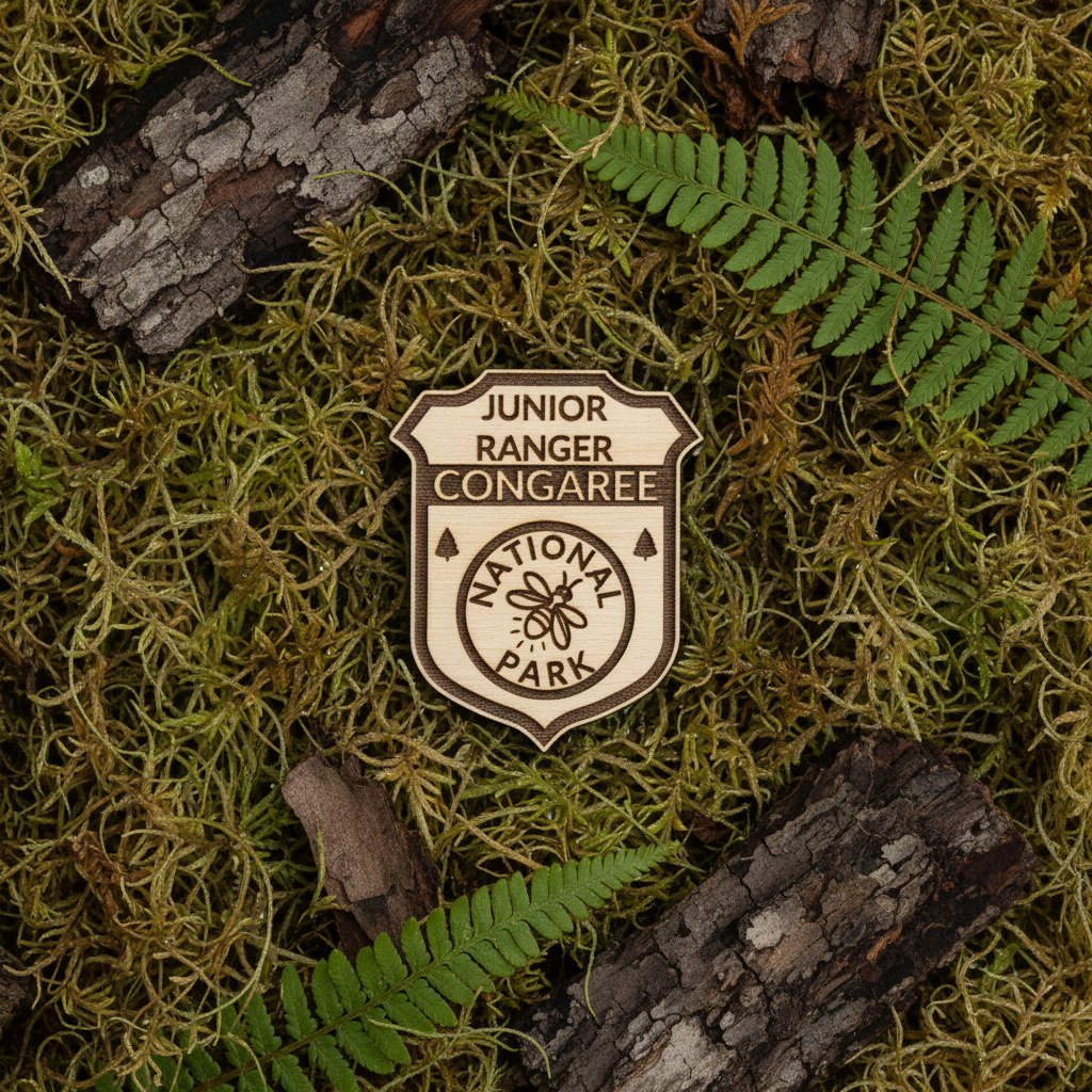 A shield-shaped wood badge reading 'JUNIOR RANGER CONGAREE NATIONAL PARK' with a firefly emblem, placed on green moss with ferns and tree bark around it.