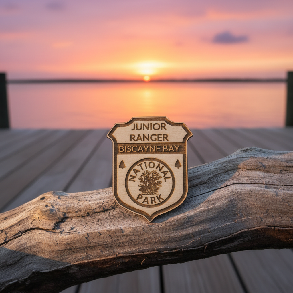 Junior Ranger Biscayne Bay National Park badge on a wooden log with a sunset in the background.