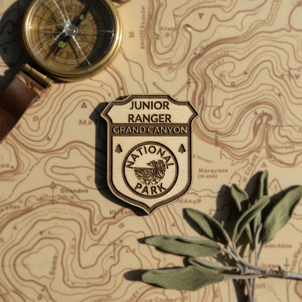 A wooden shield-shaped pin reading 'JUNIOR RANGER GRAND CANYON' and 'NATIONAL PARK' is displayed on a vintage topographic map, styled with a compass, leather strap, and sage leaves.