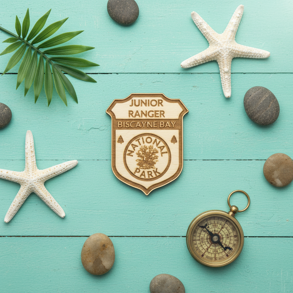 Junior Ranger badge from Biscayne Bay National Park on a turquoise wooden surface with starfish, stones, and a compass.