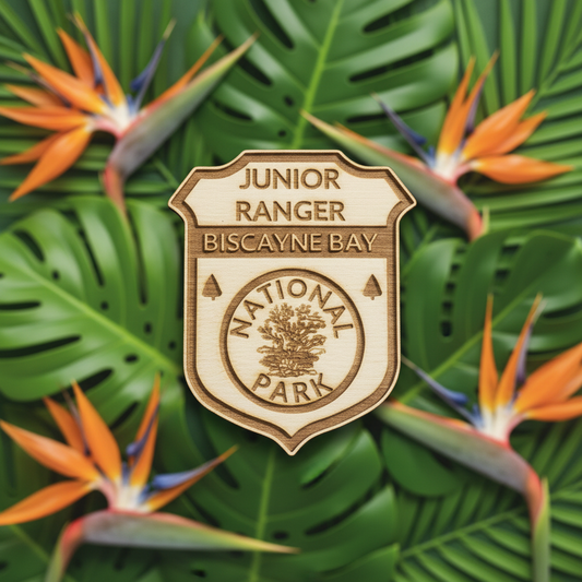 Junior Ranger badge for Biscayne Bay National Park on a leafy background with tropical flowers.