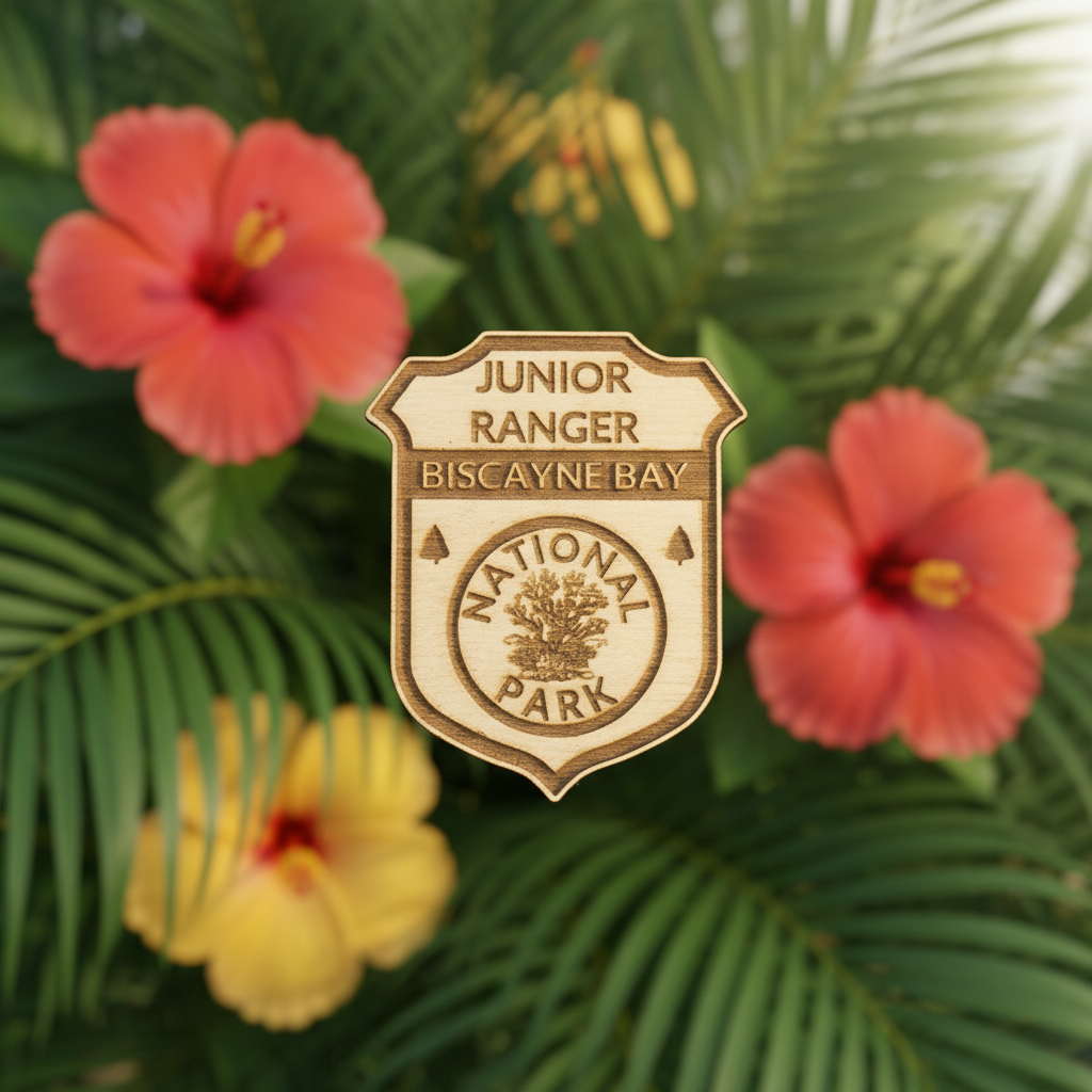 Junior Ranger badge from Biscayne Bay National Park surrounded by tropical flowers and leaves.