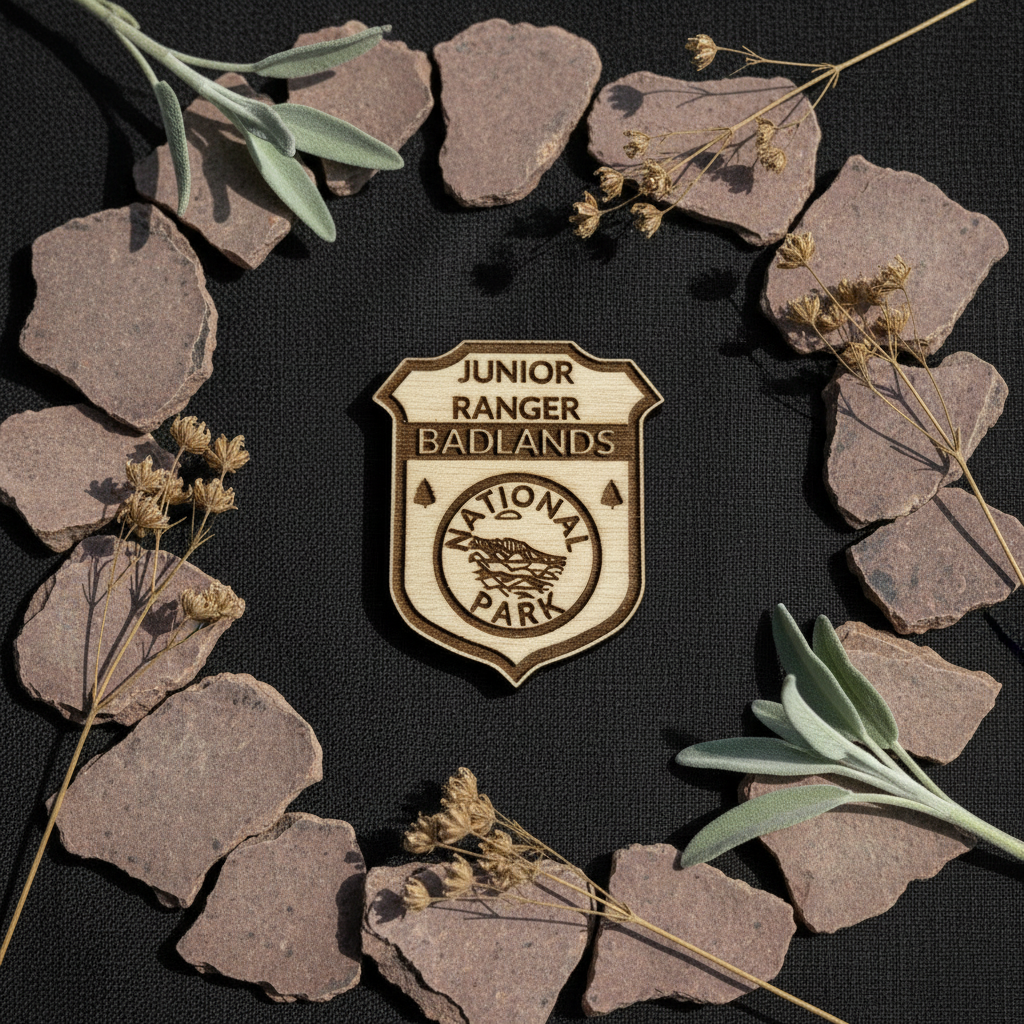 A shield-shaped wood badge reading 'JUNIOR RANGER BADLANDS NATIONAL PARK' is centered on a dark textured background, surrounded by a ring of flat stones and dried botanical sprigs.