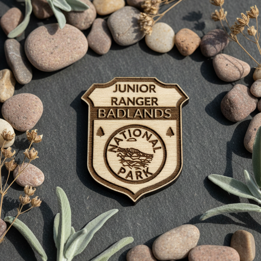 A small shield-shaped wood badge reading 'JUNIOR RANGER BADLANDS NATIONAL PARK' lies on a dark slate surface, surrounded by smooth stones and dried plant sprigs in a styled flat-lay arrangement.