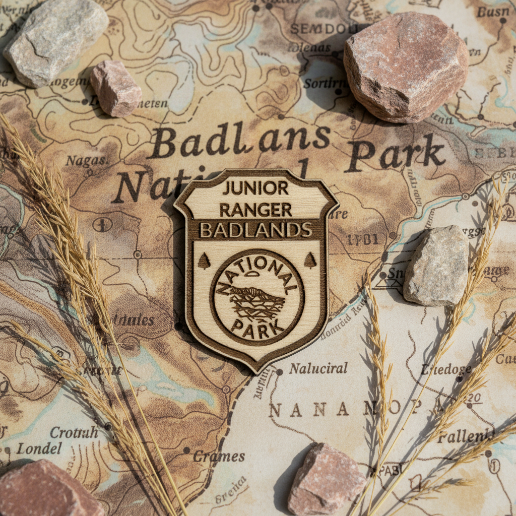 A shield-shaped wood badge reading 'Junior Ranger Badlands National Park' is placed on a vintage-style map of Badlands National Park, with rocks and dried grass scattered around it.
