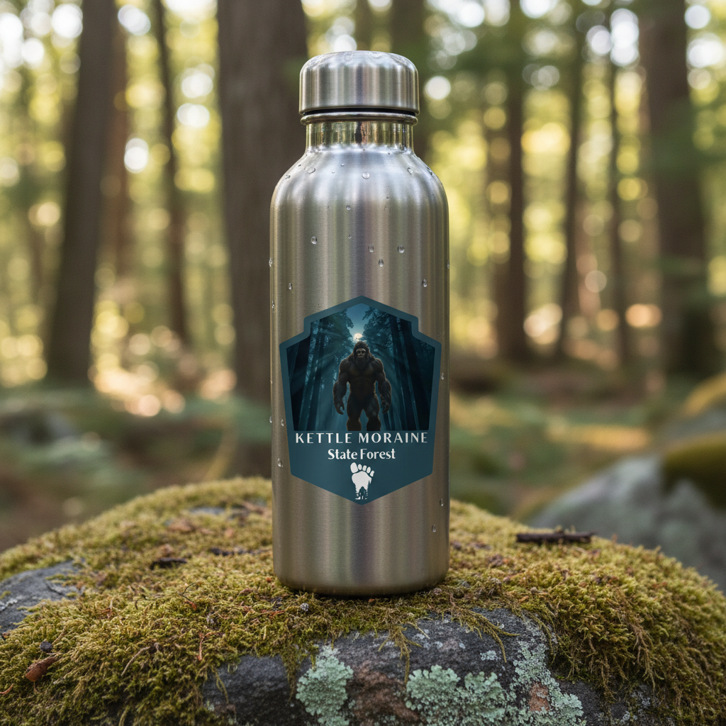 Kettle Moraine Bigfoot sticker on Water Bottle sitting on a moss covered rock in the forest. 