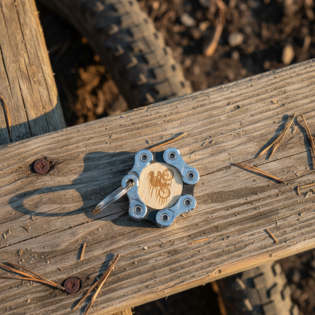 Keychain with wooden tag on a wooden surface