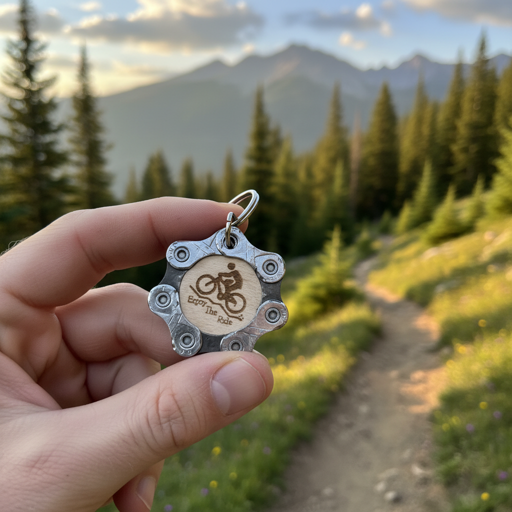 Hand holding a bicycle chain ring keychain with a mountain and forest background
