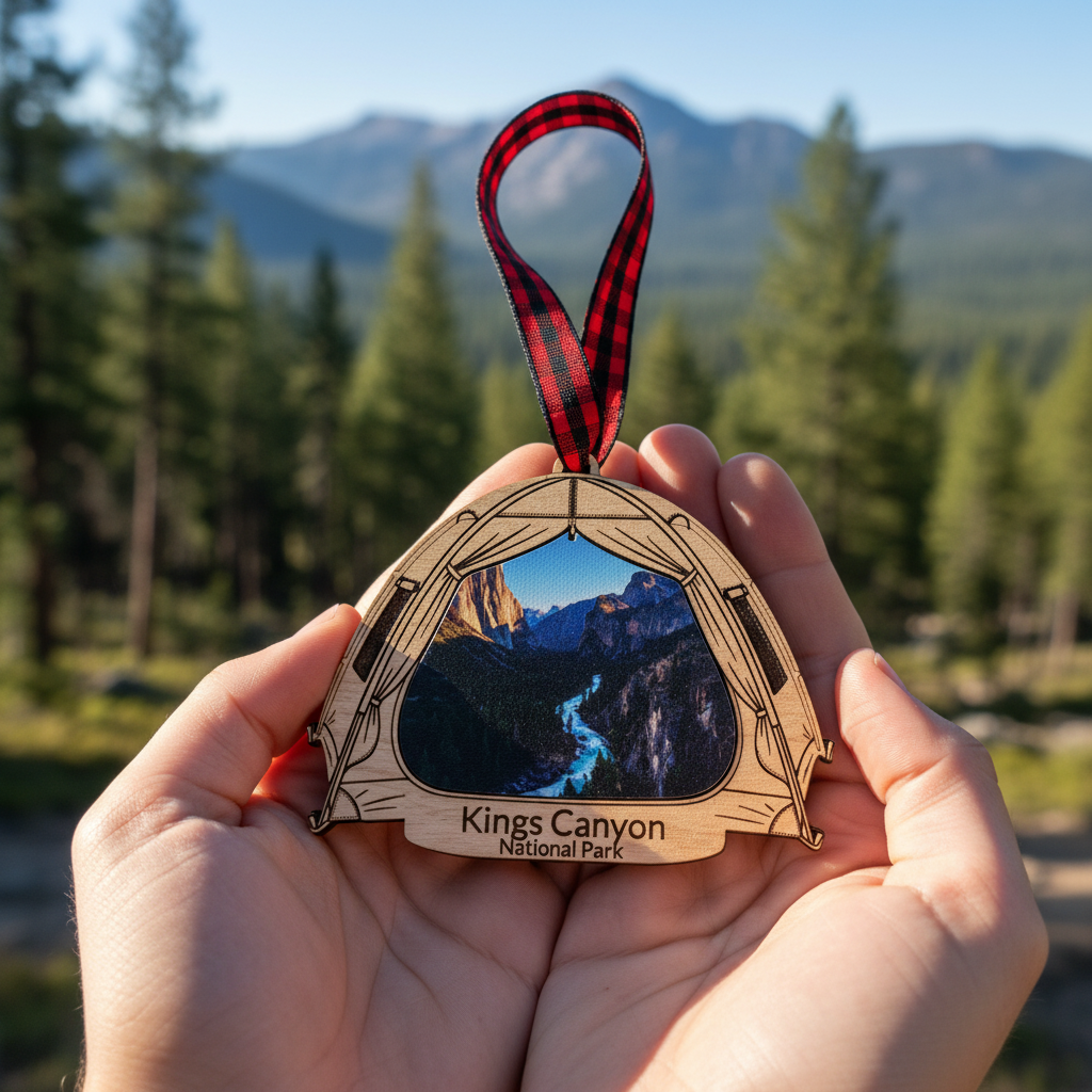A person holds a laser-engraved wooden Kings Canyon National Park ornament in front of a blurred mountain and pine forest background. The ornament features a printed landscape photo of the canyon and river, with a red and black plaid ribbon loop at the top.