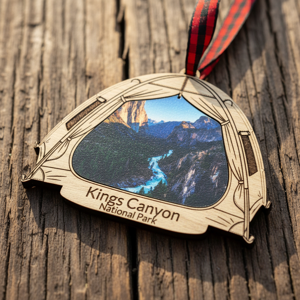 A wooden Kings Canyon National Park ornament shaped like a tent, featuring an engraved landscape photo of the canyon and river, with a red and black striped ribbon, resting on a rustic wooden surface.