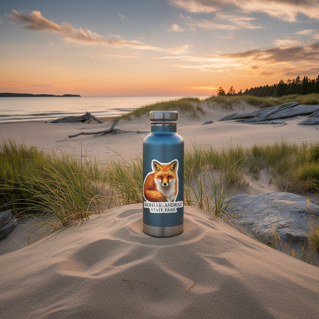 Kohler-Andrae Dunes Fox Decal on a blue water bottle in the sand dunes