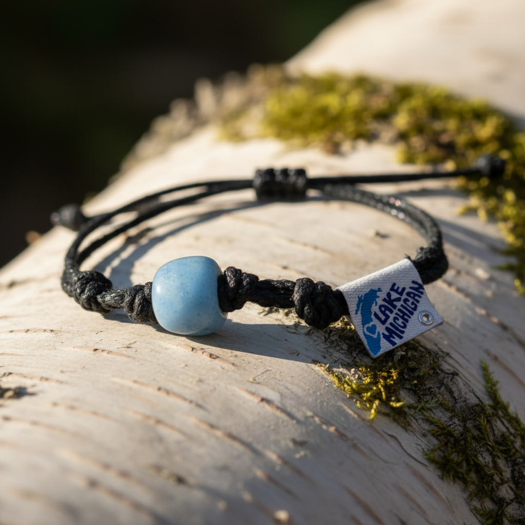 A black braided cord bracelet with a smooth light blue bead and a small white tag reading Lake Michigan, resting on a birch log outdoors.
