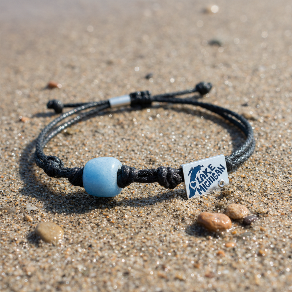 A black adjustable cord bracelet with a smooth light blue bead and a silver lake printed with 'Lake Michigan' and a boat outline, resting on sandy beach ground.
