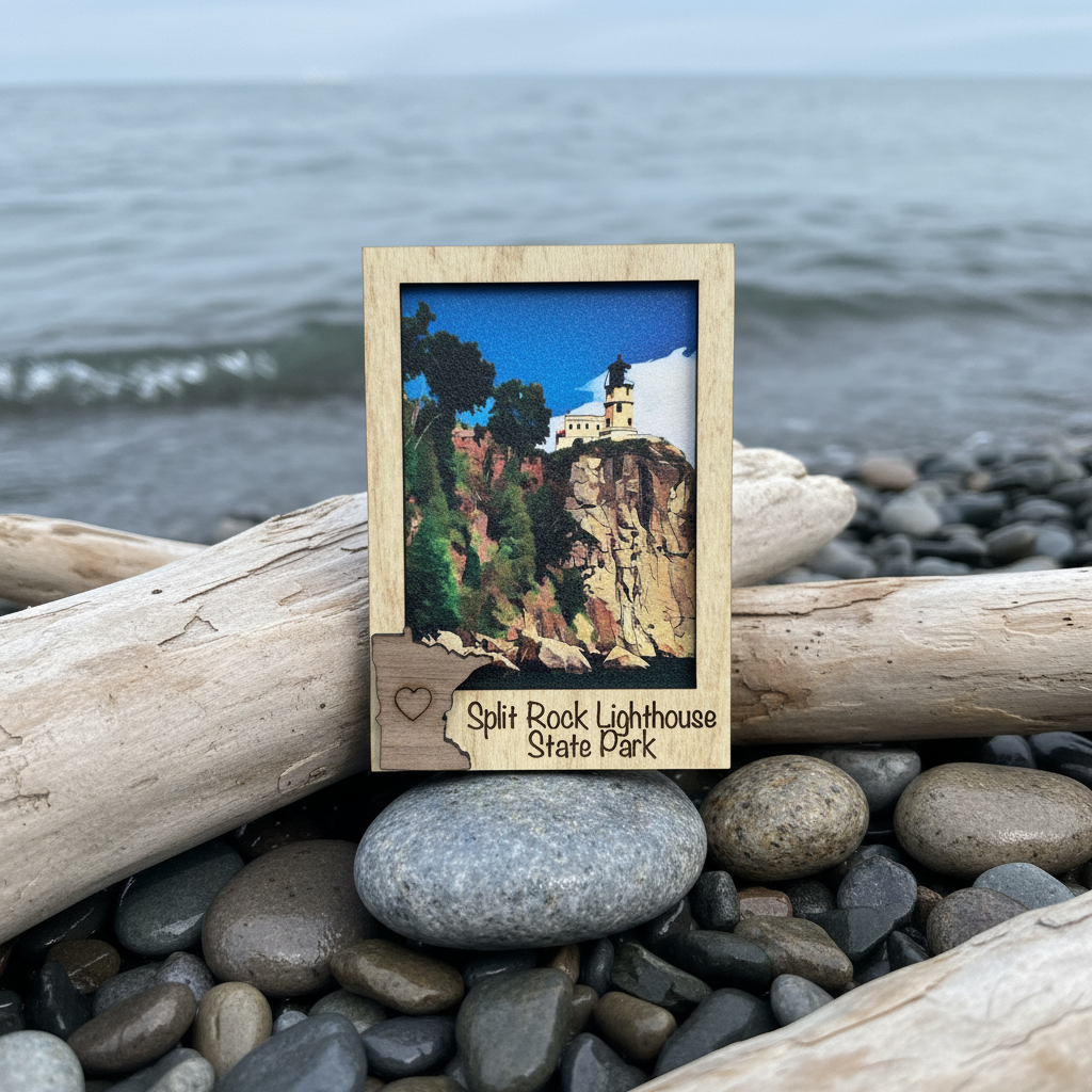 A small rectangular wooden magnet featuring a scenic print of Split Rock Lighthouse State Park, placed on driftwood over a bed of rocks with the lake in the background.