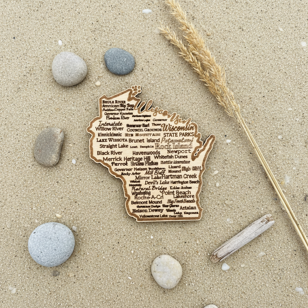 Wooden Wisconsin magnet on a sandy surface with stones and a stick.