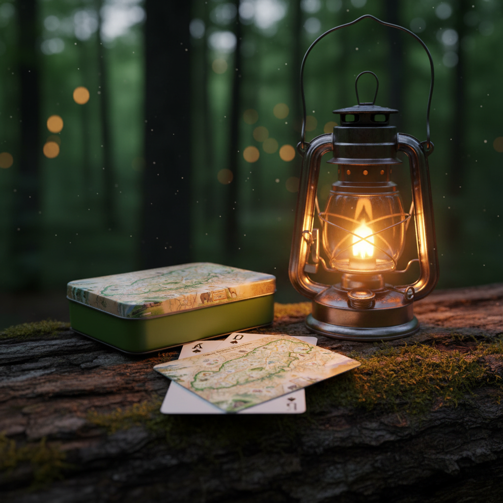 A vintage-style lantern with a glowing warm light sits on a mossy log beside a green metal tin and two map cards, with a blurred forest background.